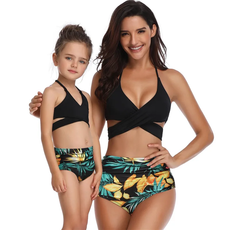 

Parent-child swimming costume print high waist bikini ruffle mother-daughter swimsuit, Picture