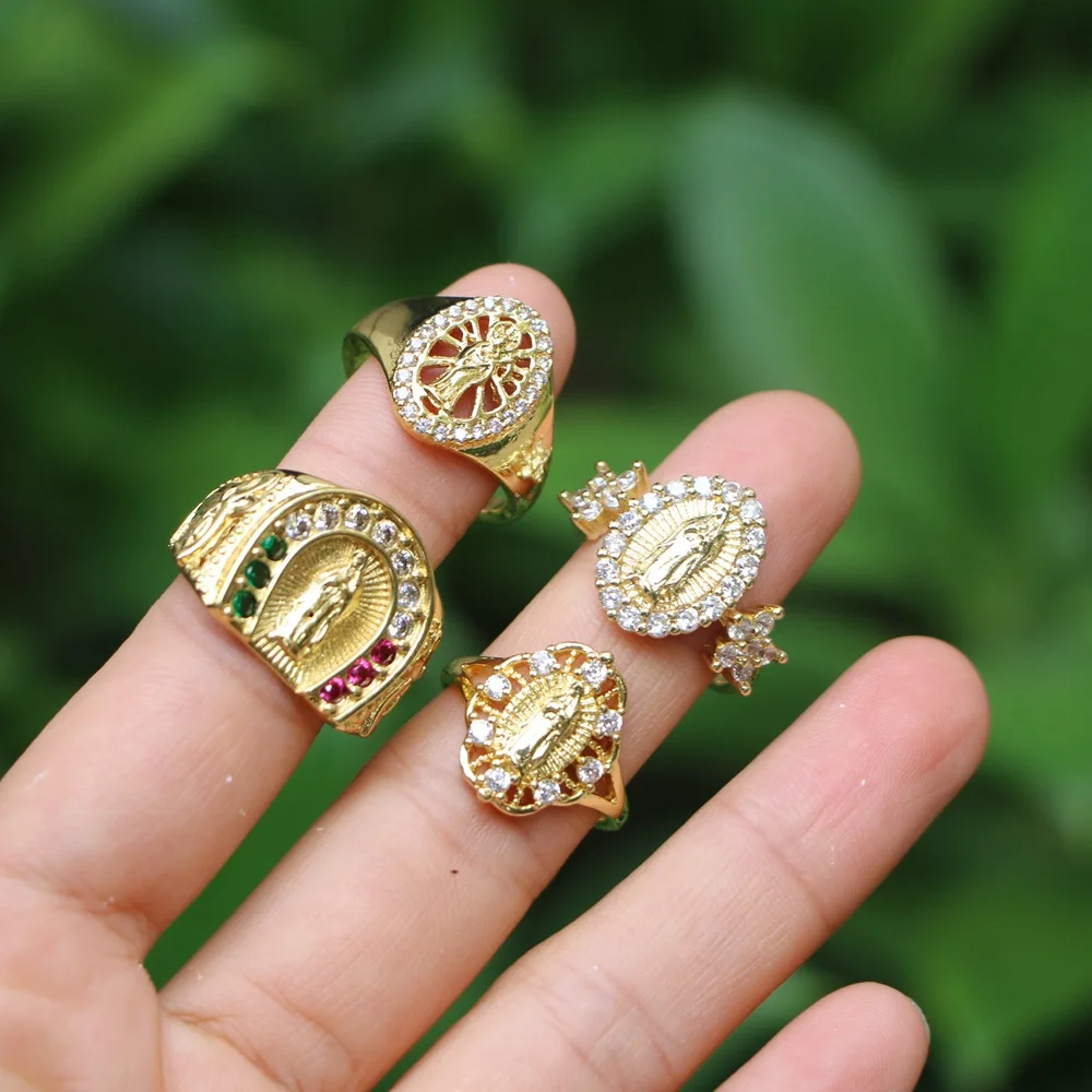 

LOTUS 18K gold Catholic Religious rings colorful cz Pave Virgin mary rings, Gold/silver