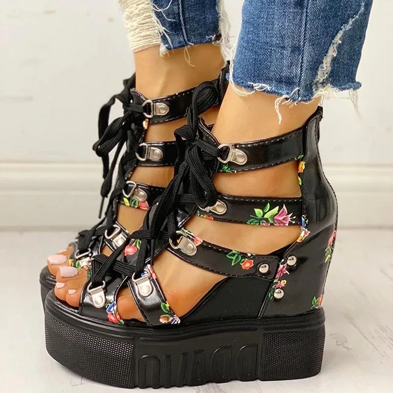 

Spring Women Flower Floral Sandals High Heel Casual Ethnic Open Toe wedges Platform Height Increasing Chunky Ladies Shoes, As pictures