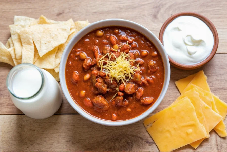 Dairy products for reducing chili spiciness: milk, sour cream, and cheese arranged around a bowl of chili