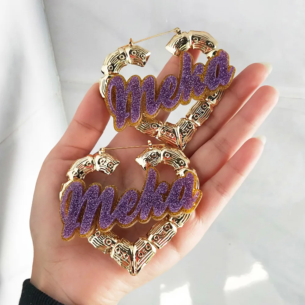 

Customize Name Earring Hiphop Acrylic Style Heart Mode Custom Bamboo Hoop Earrings