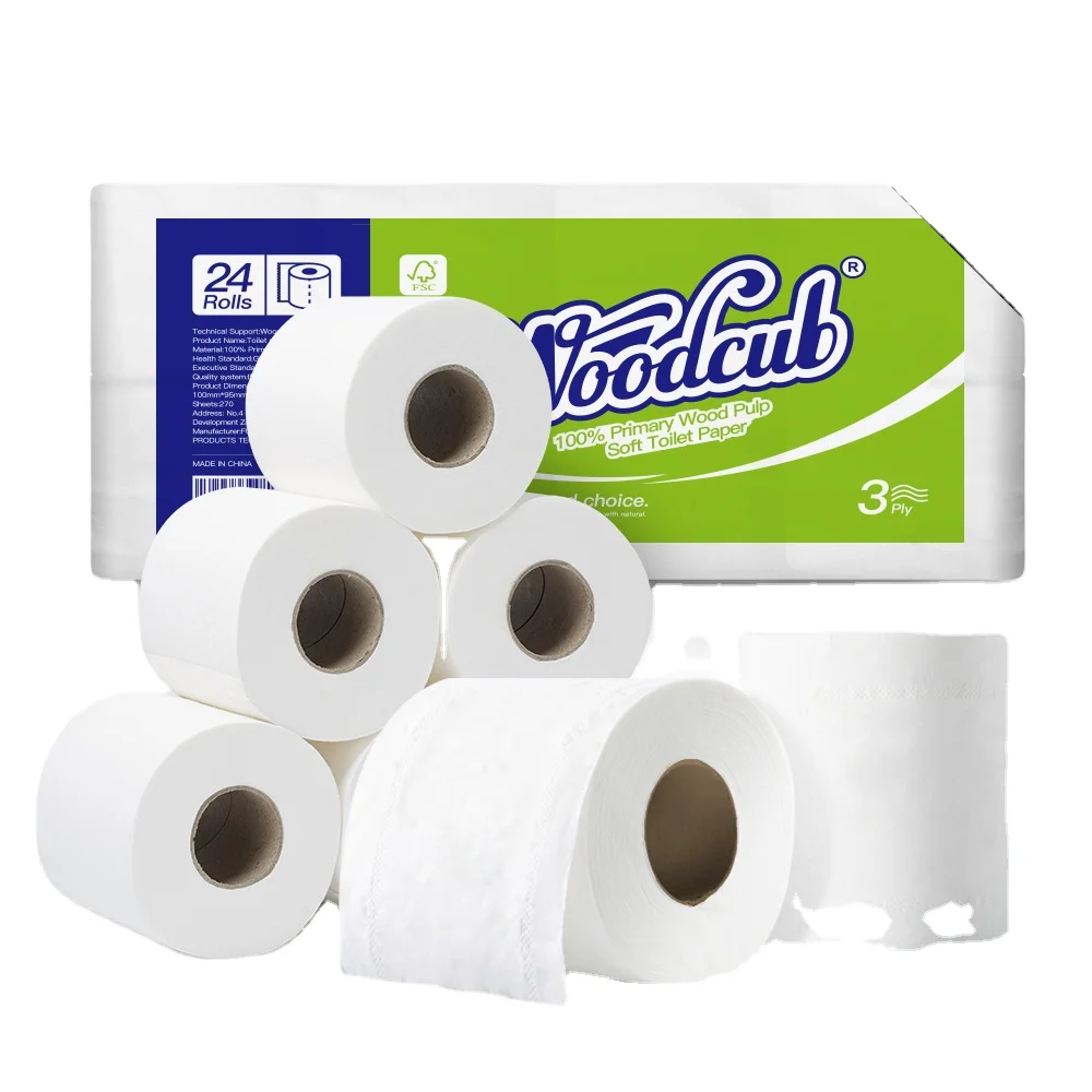 

Toilet Paper 24 Rolls 3 Layers 100% Wood Pulp Woodcub Tissue Suitable for Family and Hotels, White