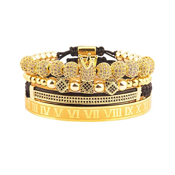 

Luxury Jewelry 4Pcs/Set 8mm Zircon Balls Crown Bracelet Stainless Steel Roman Numeral Bangle Bracelet Sets, 4 colors