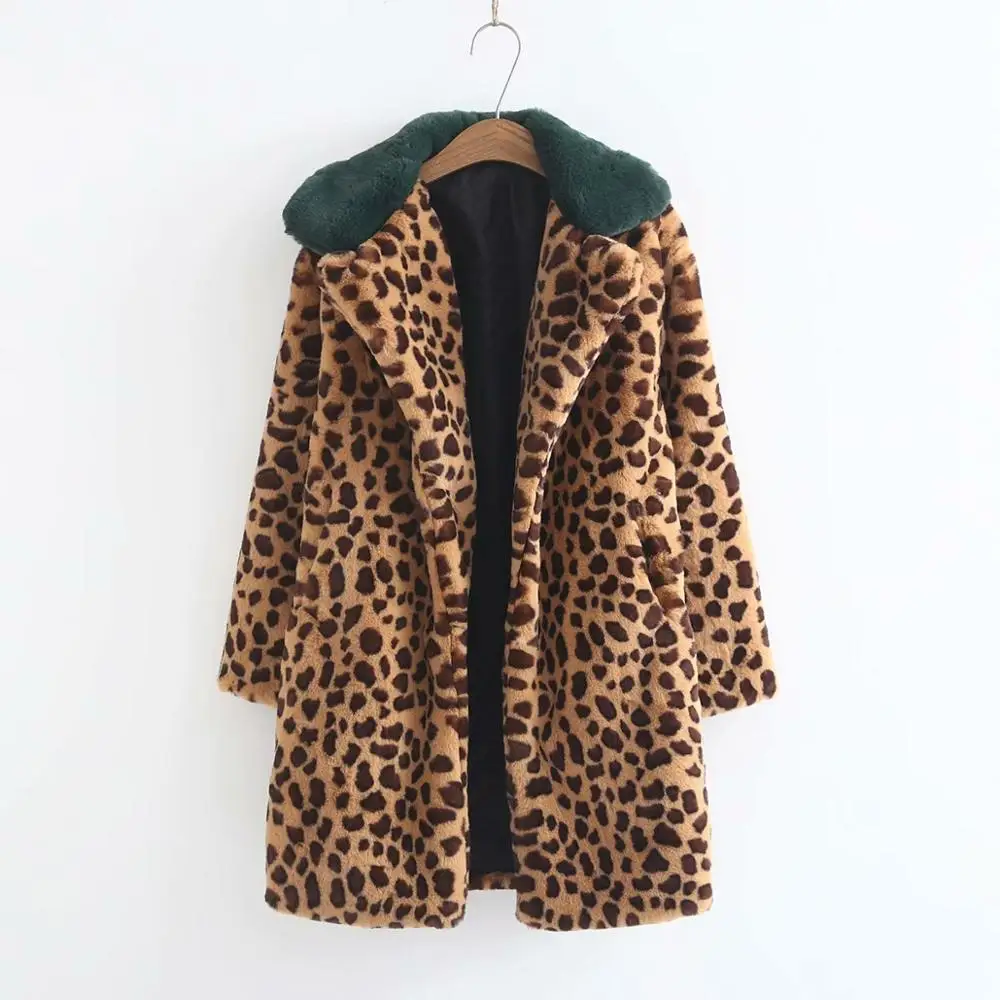

2019 Autumn Winter women ladies faux rabbit fur leopard print coat