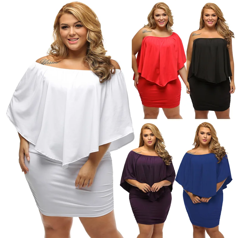 

2021 Plus Size Women Clothing Off Shoulder Flared Sleeve Mini Poncho casual Dress