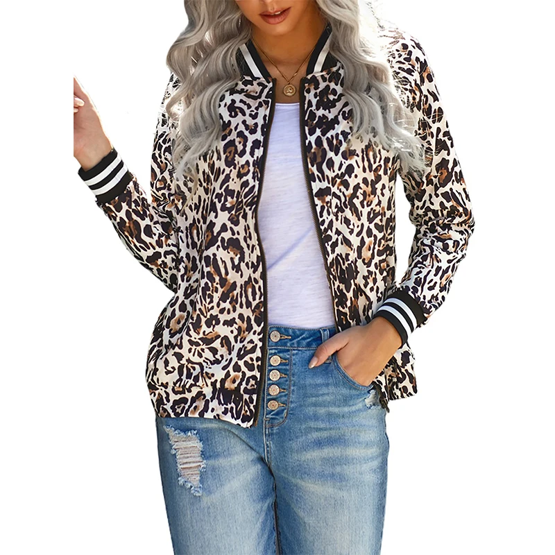 

Hot Selling Casual Leopard Print Long Sleeve Zipper Top Motorcycle Jacket For Women, Cheetah