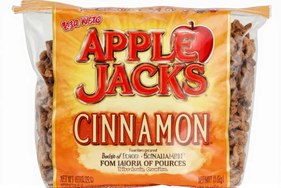 Side-by-side comparison of standard Apple Jacks packaging next to other cinnamon-flavored cereals showing the flavor descriptions
