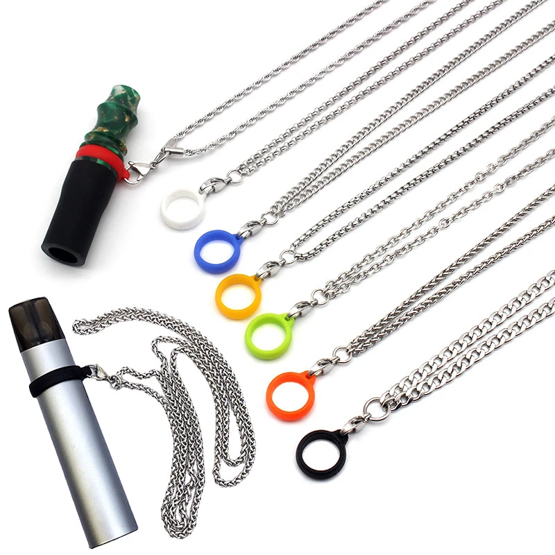 

2021 Latest Design Anti Lose Silicone Ring Necklace Ecigarrette Rod Lanyard Rope Stainless Steel Link Necklace Men, Multi color rings