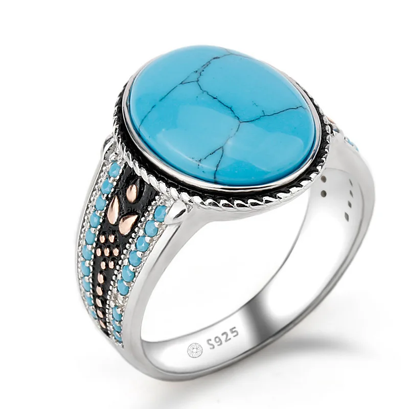 

925 Silver Men Turkish Jewelry Big Turquoise Stone Ring Wedding Engagement Jewelry 925 Sterling Silver Ring