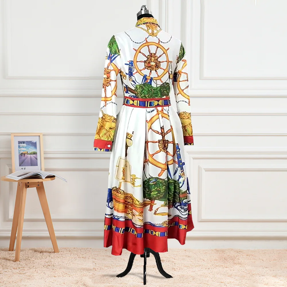 

Autumn Big Size Turn-down Collar Button Printed Slim A-line Lady sweat dress apparel