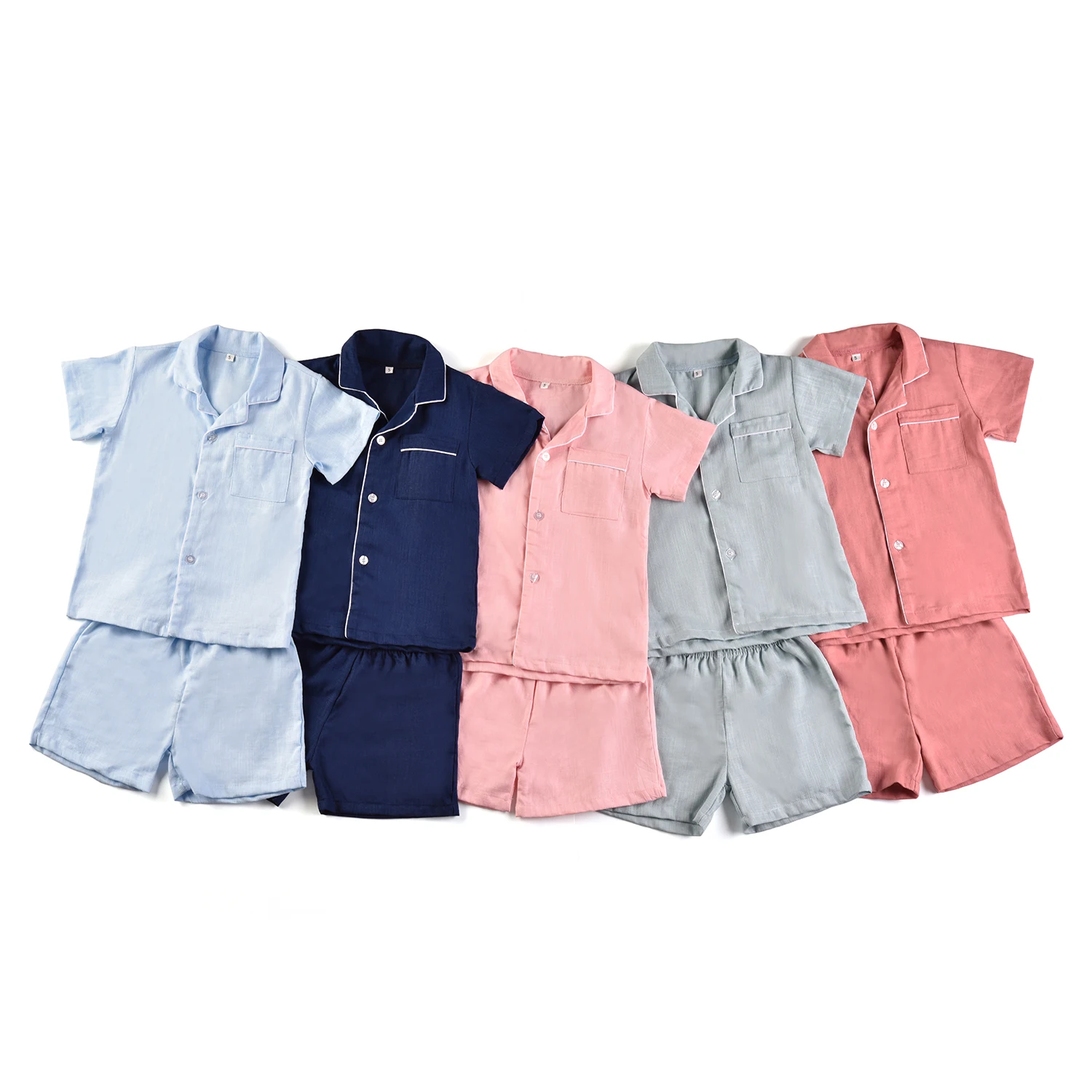 

wholesales kids clothes solid color button up pocket linen short sleeve summer children boys pajamas set, As photo