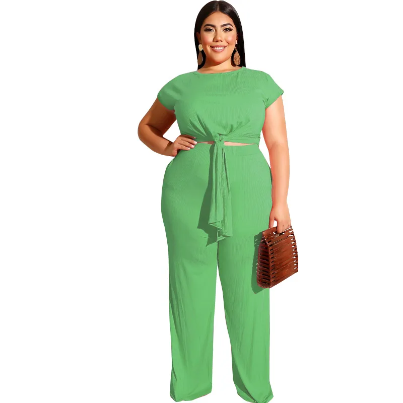 

Solid color short sleeve straight pants bandage t-shirt two piece women pant sets