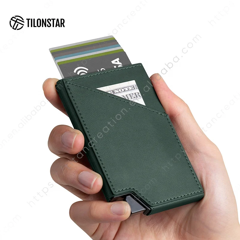 

TILONSTAR Wholesale Mens Leather Card Holder Aluminum Pop Up Business Card Holder Wallet