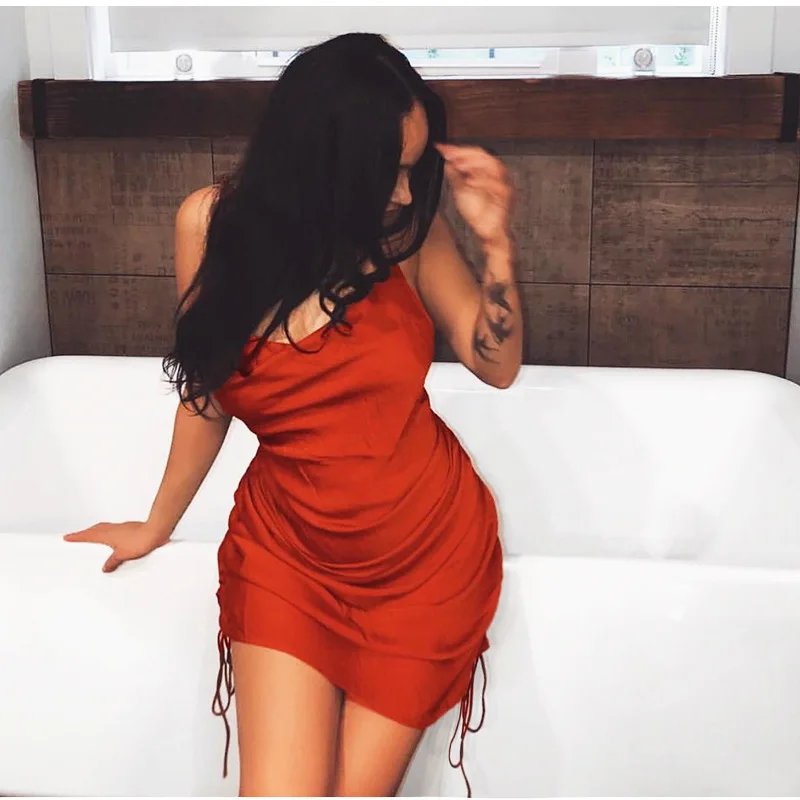 

summer women cowl neck backless sexy party dress sides lace up can adjust length drawstring ruched dress