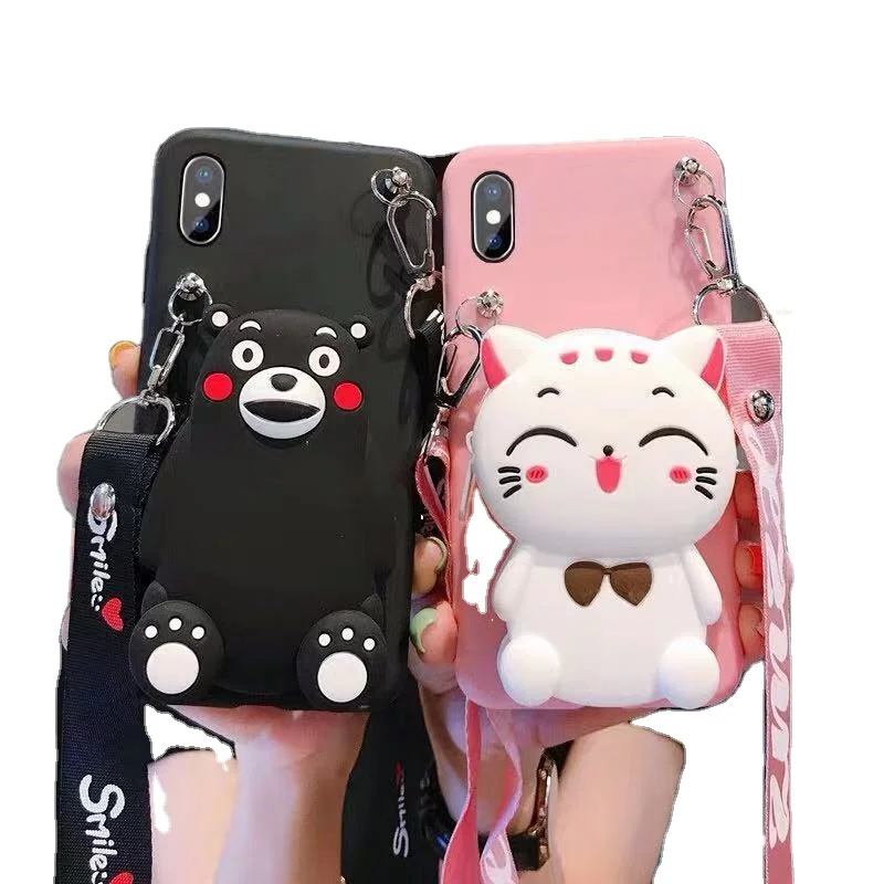 

Cute Soft Cat Wallet Case For iPhone Samsung Huawei Xiaomi Nokia Moto LG OPPO VIVO Realme Oneplus Cute Animal Cover With Lanyard