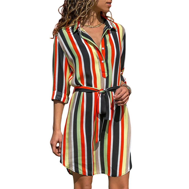 

2019 Summer Chiffon Dress Boho Beach Women Casual Striped Print A-line Mini Party Vestidos Dress