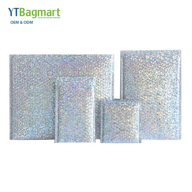 
Custom Logo Printing Small Holographic Shipping Mailing Bags Decorative Rainbow Metallic Foil Holographic Bubble Mailers 