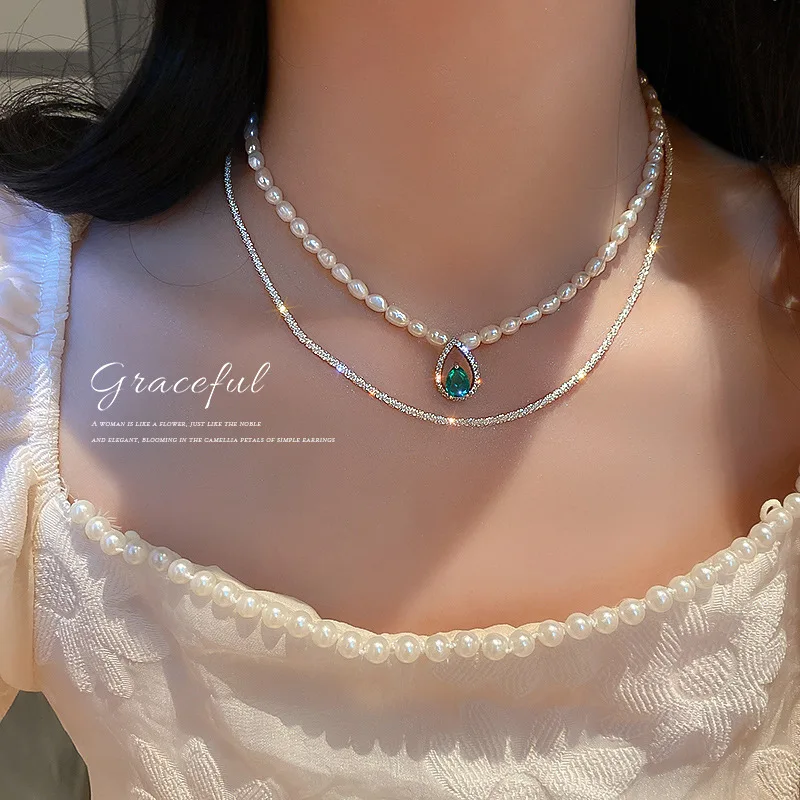 

Elegant Jewelry Design Double Layered Freshwater Pearl Necklace Shiny Crystal Pearl Beads Chain Gemstone Necklace