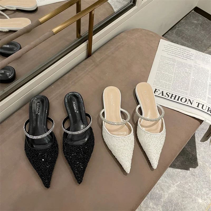 

2021 New Women's Chain Belt Mules Shoes Brown Stiletto Elegant Pointed Toe Mary Janes for Female Plus Size Black