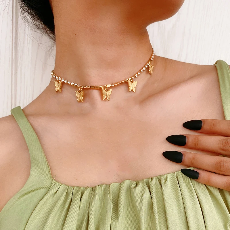 

Charm Trendy Jewelry Chocker Tennis Chain Crystal Rhinestone Metal Butterfly Pendant Necklace For Women Girls, 5 colors