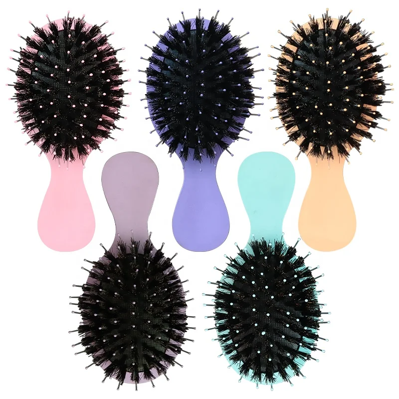 

Hot selling anti static smooth colorful mini portable boar bristle hair brush cushion nylon bristle hair brush, Purple, pink, blue, yellow, light purple