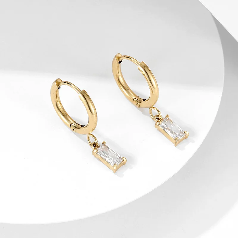 

Vintage 14k Gold Plated Stainless Steel CZ Jewelry Cubic Zirconia Rectangle Hoop Huggie Earrings for Women 2022