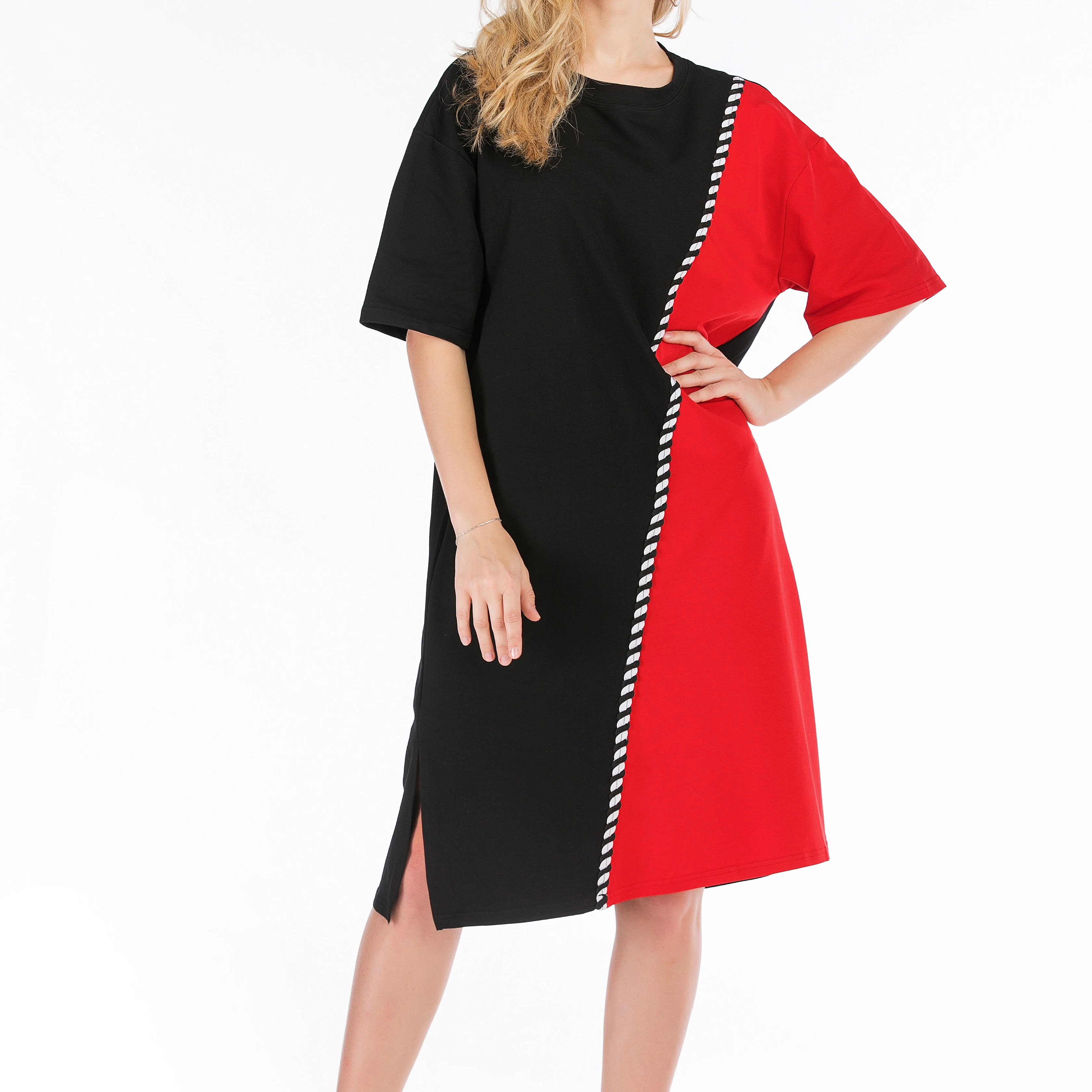 

2021 Fashion lace patchwork dress Round neck and short sleeves in summer Side of the split Loose and large size MIDI dress