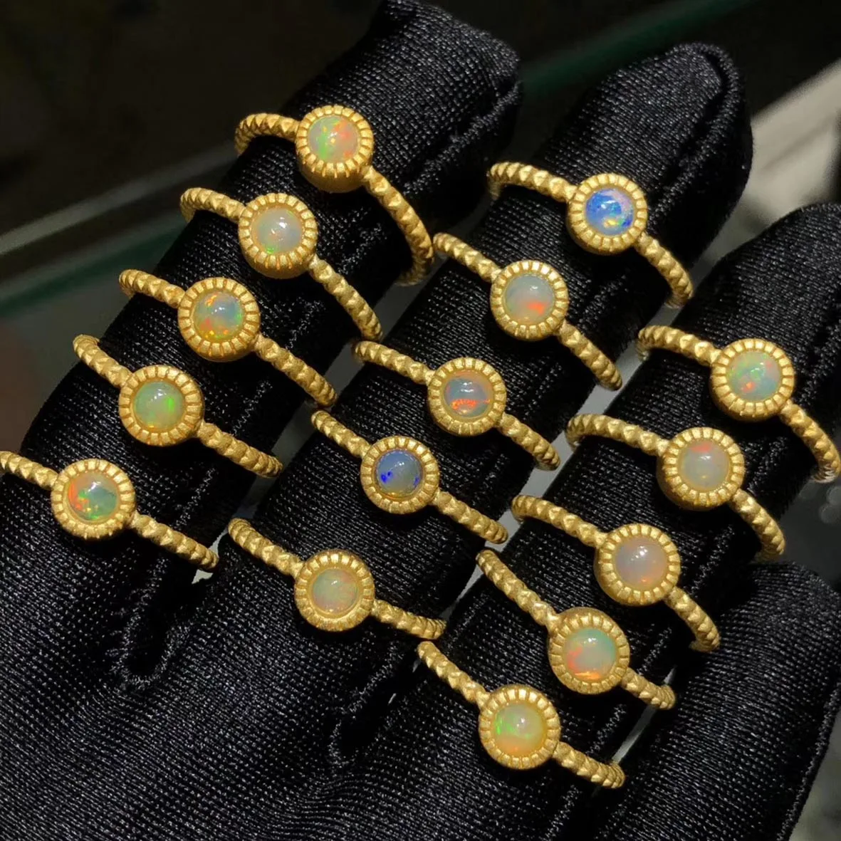 

Frosted Finish 925 Sterling Silver Natural Opal Ring with Multicolor Opal Round 4-6mm Women's Engagement Wedding Rings