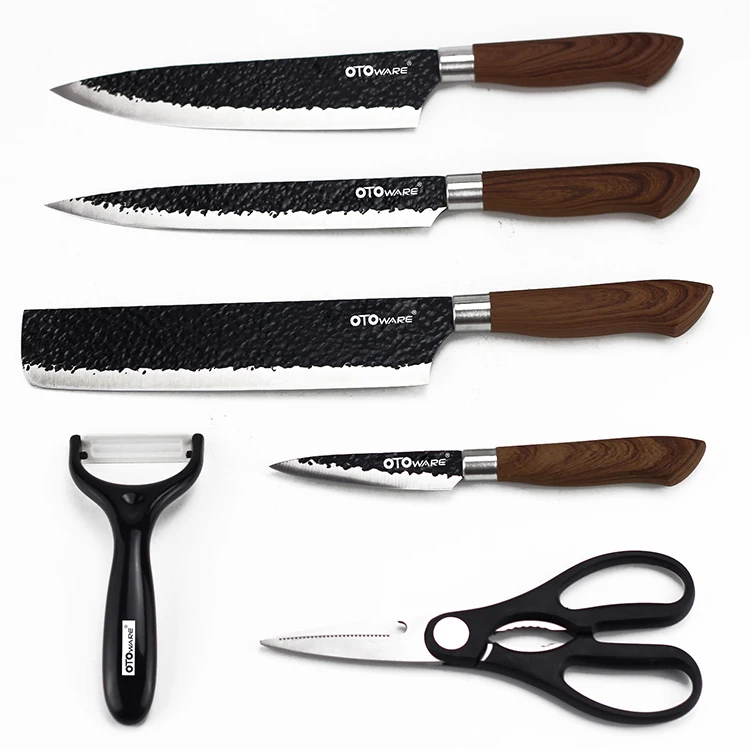 

Non Stick Kitchen Knife Set With Wood Color Coating Stainless Steel Cooking Knife black coating 6pcs knife