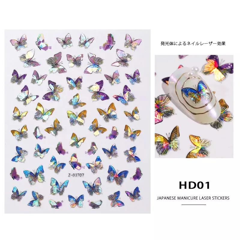 

2021 Wholesale supplies adhesive 3D butterfly nail decal holographic nail stickers