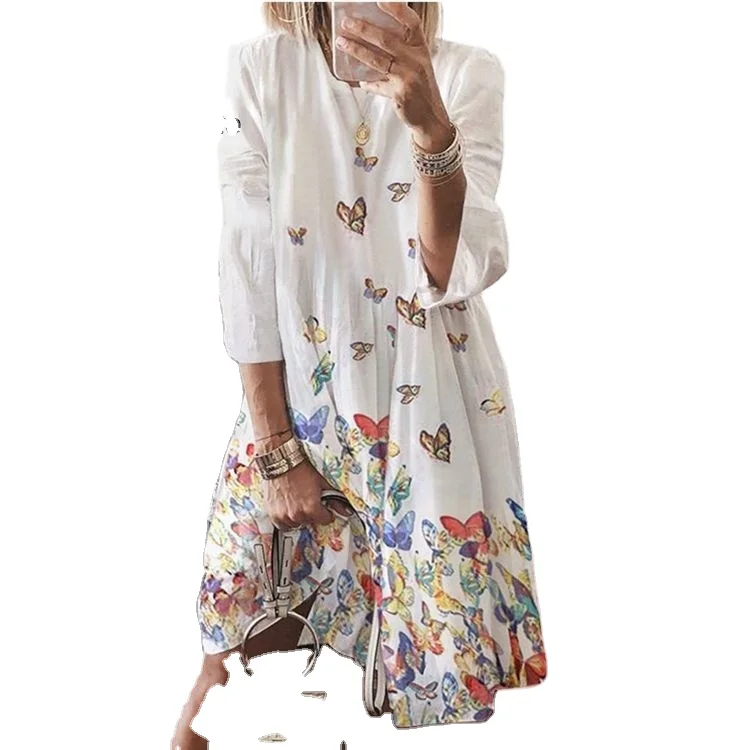 

NEW Fashion Women Autumn And Winter Vintage Print Dress Round Neck Casual Dress Long Sleeve 3/4 Sleeve Loose Dress Plus Size