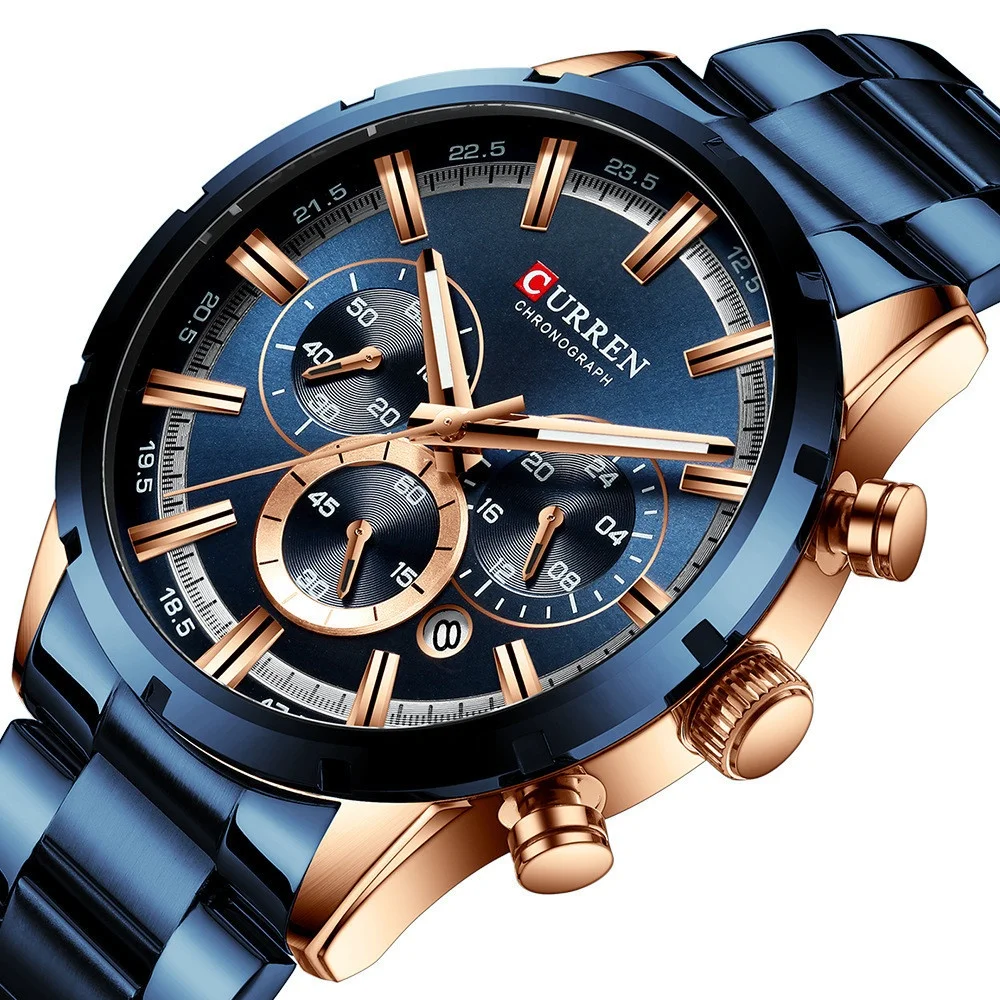 

Luxury Curren 8355 Lumuious Blue Chronograph Quartz Watch Stainless Steel Band Curren Men Watches Montre Curren