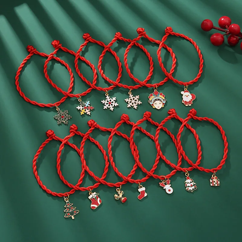 

Christmas Tree Snowflake Sock Pendant Bracelet Handmade Woven Lucky Red Rope Dangle Adjustable Bracelet For Women(Size:18cm), Picture shows