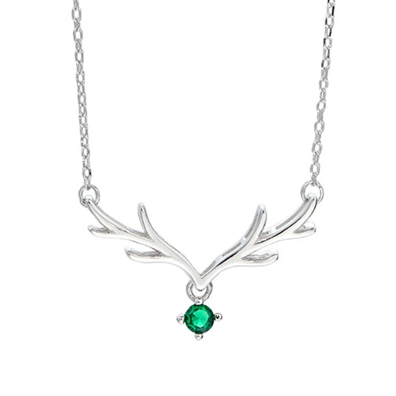 Fashion Fine Pendant Necklaces 925 Sterling Silver Christmas Reindeer Antlers Necklace Green Zircon Gold Plated Necklace Women