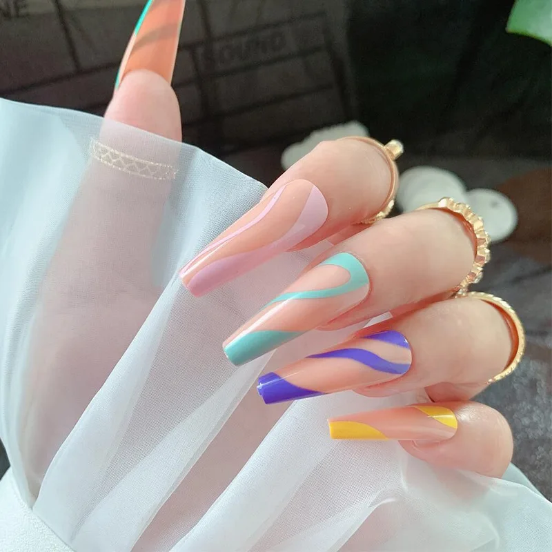 

New Luxury long colorful artificial fingernails fake nails french tip rainbow lines fingernails press on nails supplies