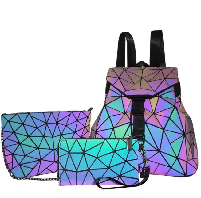 

2021 Geometric Luminous Purses and Handbag for Women Holographic Reflective Bag Backpack Wallet Tote bags Clutch Set