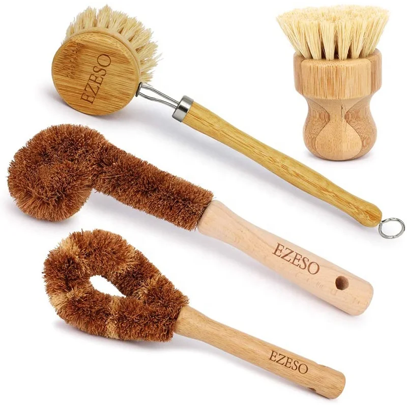 

Custom Kitchen Bamboo Pot Washing Brush Set Household Long Handle Cleaning Brush Decontamination Dish washing Brush Set, Natural color