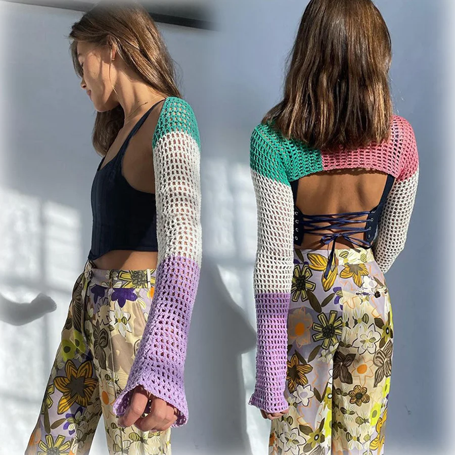 

New Arrival Y2K Autumn Knitted Beach Long Sleeve Crop Tops Sweater Streetwear Splicing Casual Outer Tops Women Clothing 2021, Colorful as the pictures