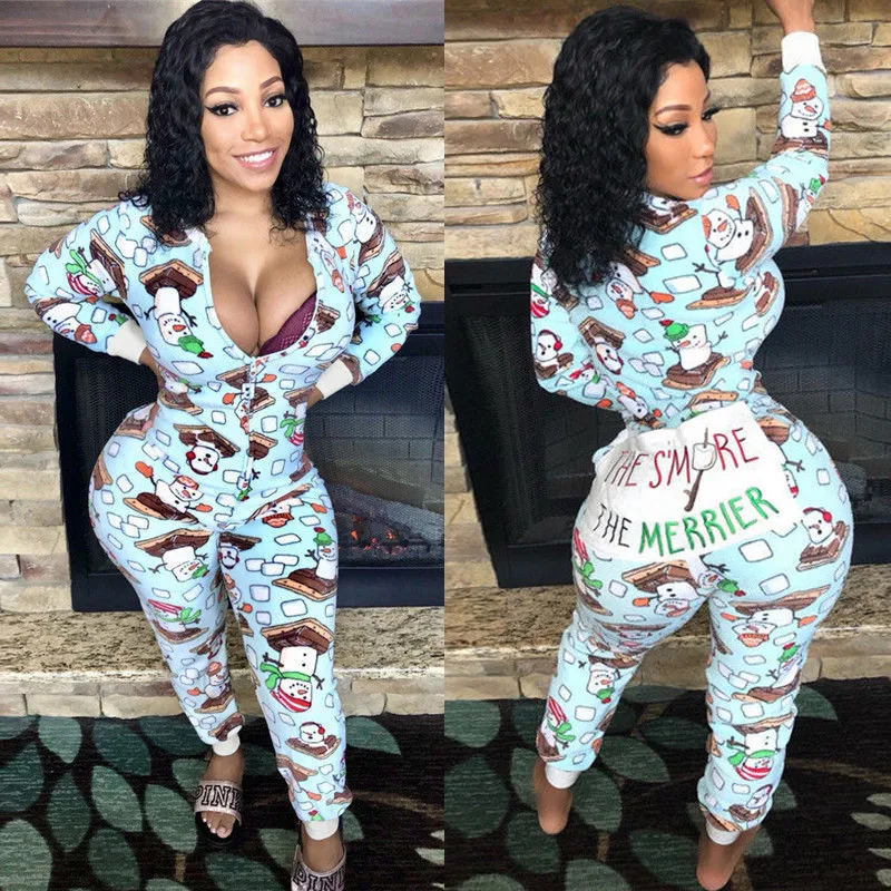 

Deep v neckline one piece jumpsuit sleepwear sexy girls christmas pyjamas family adult butt flap onesie