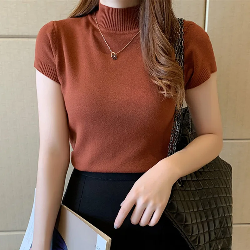 

2021 New Fashion Women Girls Stand collar Pullover Blouse Short Sleeve Solid Color Knit Slim Casual Sweater