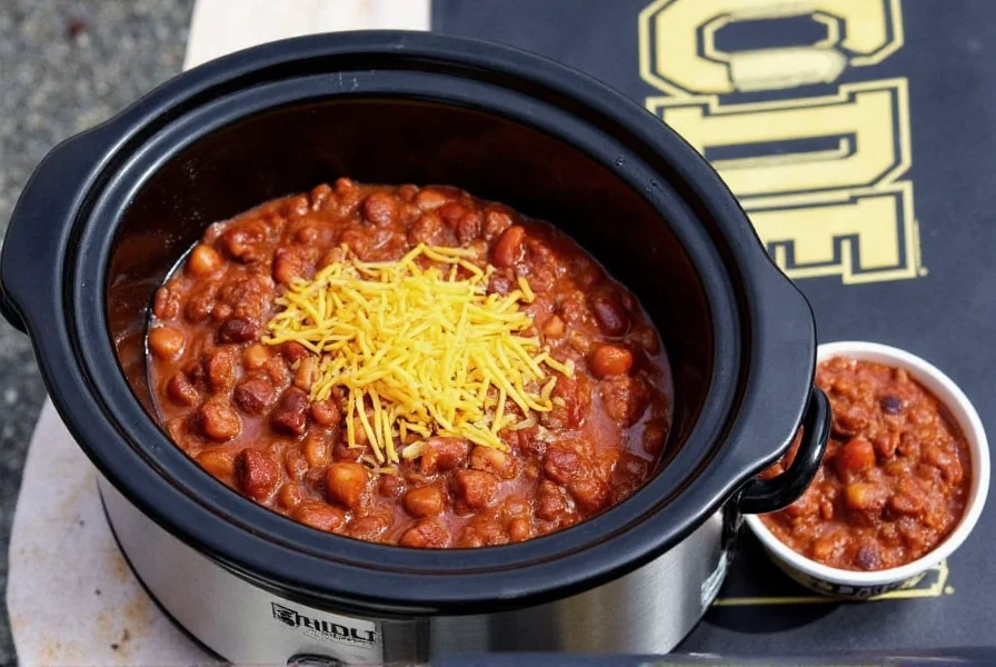 Slow cooker filled with rich, dark red Purdue boilermaker tailgate chili topped with shredded cheddar cheese and served in disposable bowl with Purdue Boilermakers logo visible on tailgate backdrop