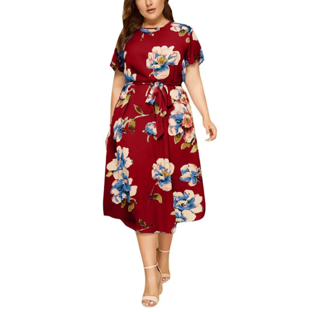 

Woman L-5XL Women's Casual Dress Plus Size O-Neck Short Sleeve Flower Print Waist Strap Dress For Ladies Vestidos 2021