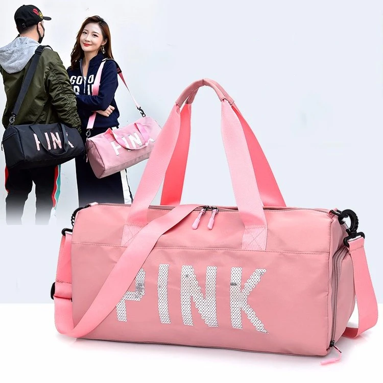 

Large Capacity Sport Nylon Travel Bag Shoulder Bags Fashion Travel Pink Letter Tote Trip Duffel Bag With Shoe Storehouse, Black pink gray blue