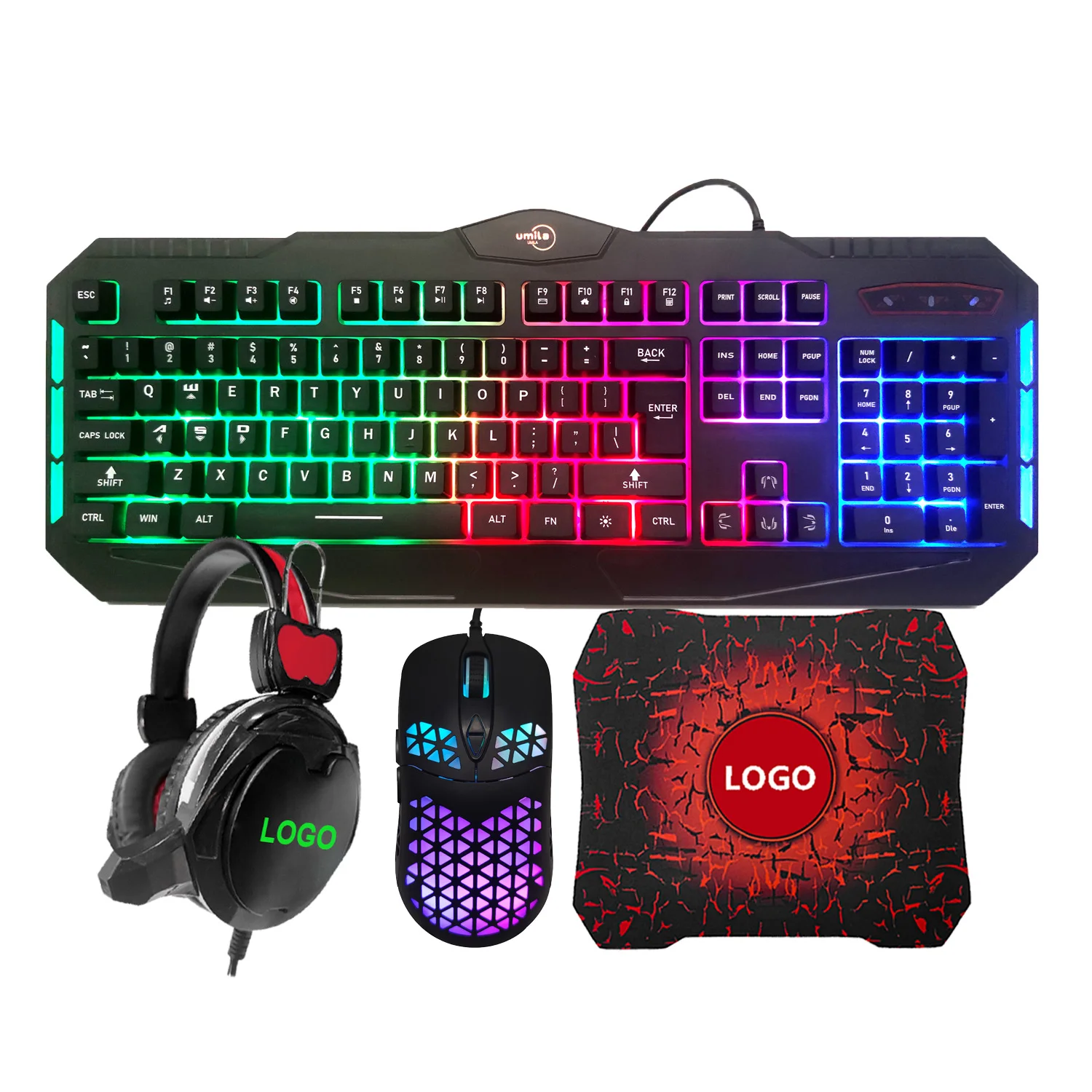 

RGB LED Backlit 4pcs Gaming keyboard headphone combos ergonomic wired keyboard and mouse Set, Black