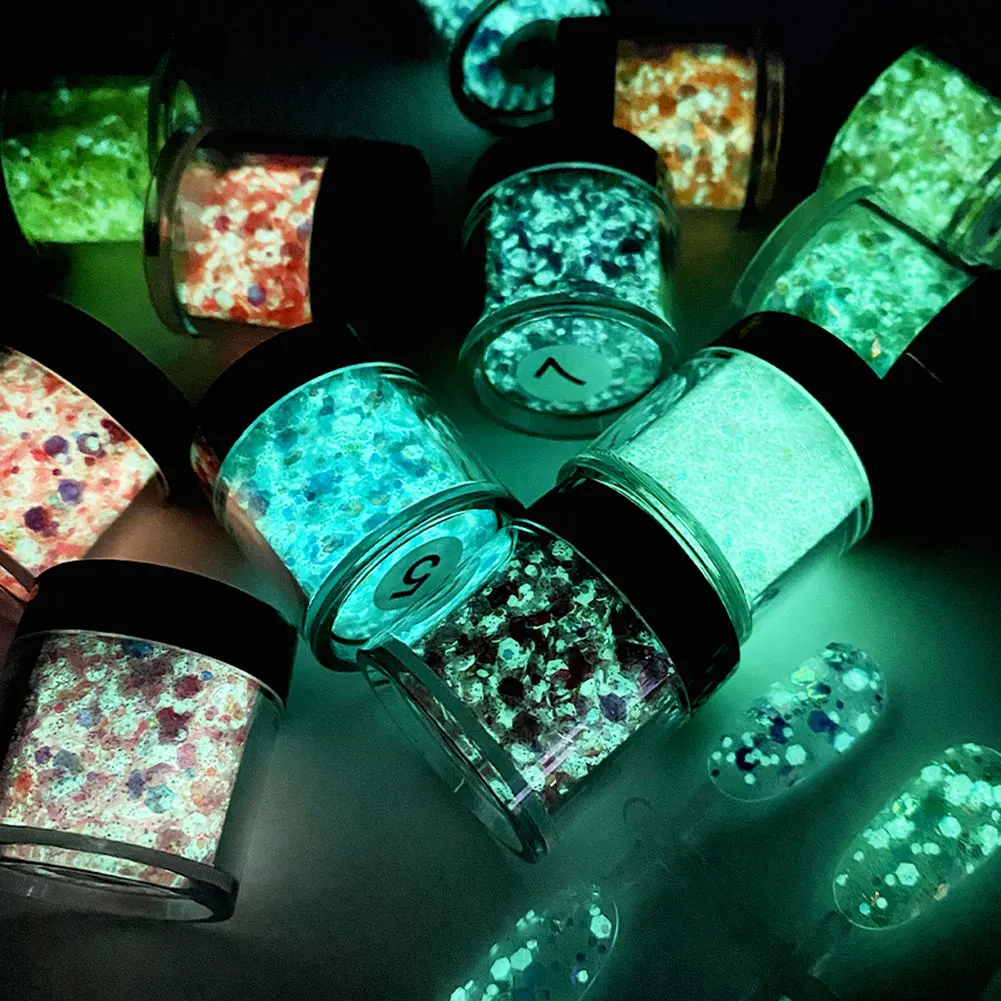 

5g Luminous Glitter Nail Sequin Neon Fluorescent Flake Nails Art Glow in the Dark Polish Epoxy Resin DIY Mold Decoration, 12 colors