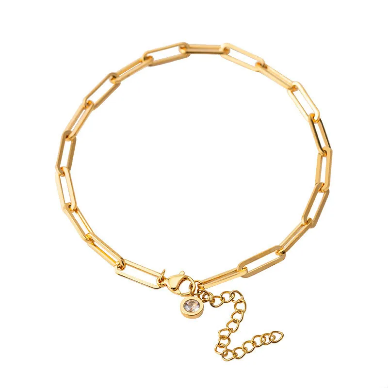 

Hongtong Fashion Dainty Crystal Stone Pendent Chain 18k Gold Plated Stainless Steel Paperclip Bracelet