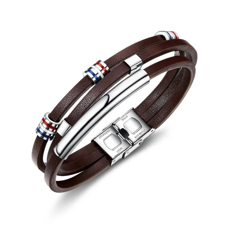 

Classics Korean Style Engraved Words Men PU Leather Brown Color 316L Stainless Steel Multilayer Bracelets