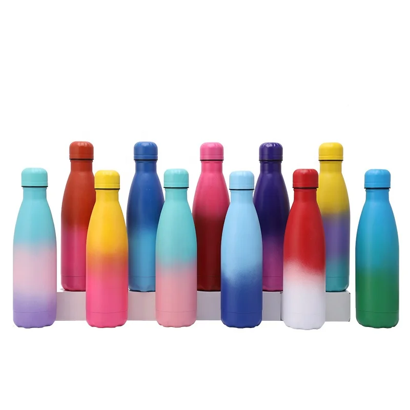 

Spray paint color lid gradient color cola bottle double-layer stainless steel thermos sports bowling water bottle 500ml