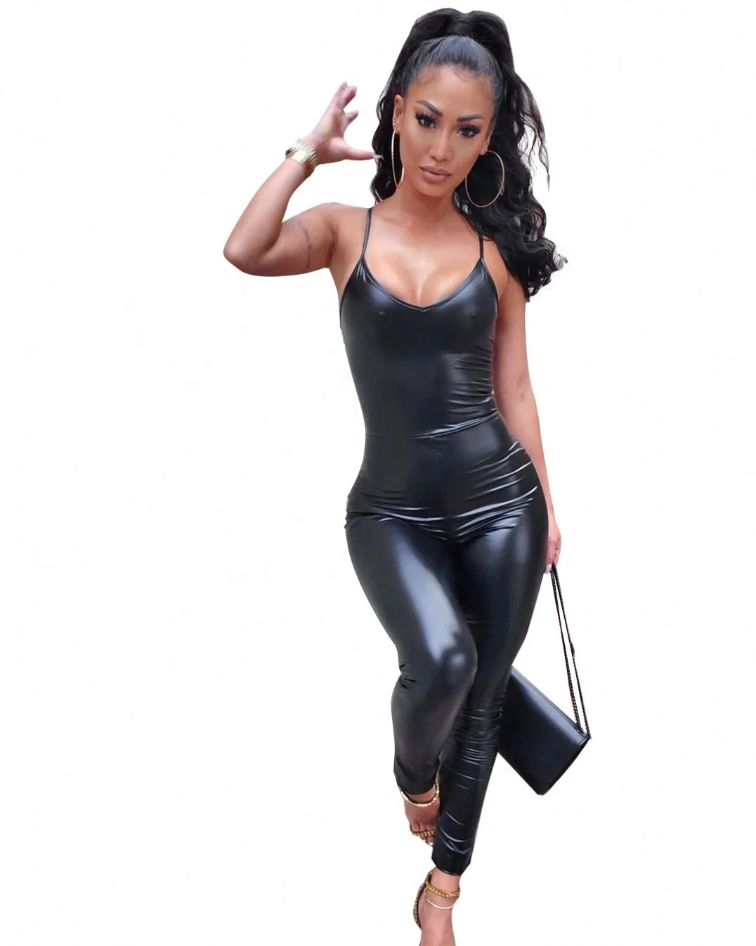 

Bn008 Fall Ladies Sexy Jumpsuit Dress Solid Color Slim Fashion Trendy Pu Tight Tank Sleeveless Women