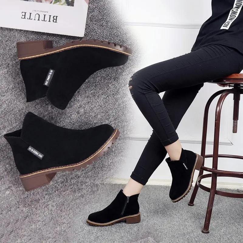 

Spring and Autumn Round Boots Large Size Women's Boots Frosted With Mid-heel Short Tube Student Women's Shoes 35-42